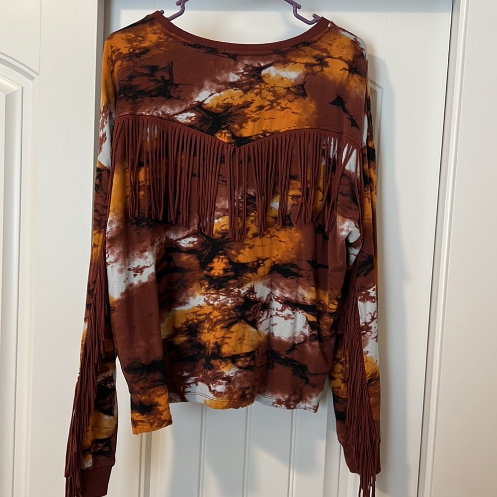 Idyllwind Womens Rust Tie Dye Print Fringe Sweatshirt